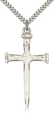 Sterling Silver Nail Cross Pendant, Stainless Silver Heavy Curb Chain, 2" x 1"
