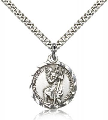 Sterling Silver St. Christopher Pendant, Stainless Silver Heavy Curb Chain, 7/8" x 3/4"