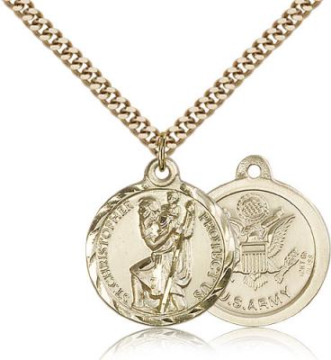 Gold Filled St. Christopher Army Pendant, Stainless Gold Heavy Curb Chain, 7/8" x 3/4"