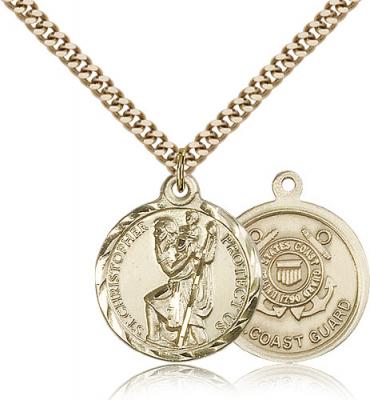 Gold Filled St. Christopher Coast Guard Pendant, Stainless Gold Heavy Curb Chain, 7/8" x 3/4"