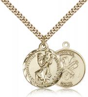 Gold Filled St. Christopher National Guard Pendant, Stainless Gold Heavy Curb Chain, 7/8" x 3/4"