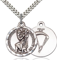 Sterling Silver St. Christopher / Paratrooper Pend, Stainless Silver Heavy Curb Chain, 7/8" x 3/4"