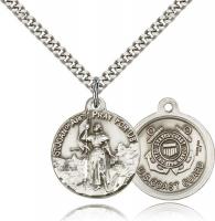 Sterling Silver St. Joan of Arc Coast Guard Pendant, Stainless Silver Heavy Curb Chain, 7/8" x 3/4"