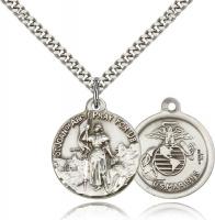 Sterling Silver St. Joan of Arc Marine Pendant, Stainless Silver Heavy Curb Chain, 7/8" x 3/4"