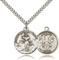 Sterling Silver St. Joan of Arc National Guard Pendant, Stainless Silver Heavy Curb Chain, 7/8" x 3/4"