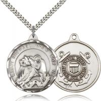 Sterling Silver St. Michael / Coast Guard Pendant, Stainless Silver Heavy Curb Chain, 1 3/8" x 1 1/4"
