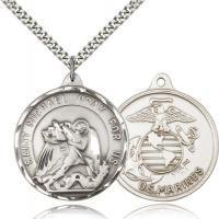 Sterling Silver St. Michael / Marines Pendant, Stainless Silver Heavy Curb Chain, 1 3/8" x 1 1/4"