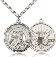 Sterling Silver St. Michael / Navy Pendant, Stainless Silver Heavy Curb Chain, 1 3/8" x 1 1/4"