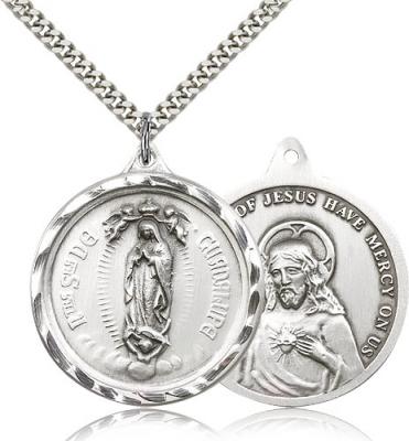 Sterling Silver Our Lady of Guadalupe Pendant, Stainless Silver Heavy Curb Chain, 1 3/8" x 1 1/4"