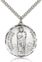 Sterling Silver St. Jude Pendant, Stainless Silver Heavy Curb Chain, 1 1/4" x 1 1/8"