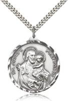 Sterling Silver St. Joseph Pendant, Stainless Silver Heavy Curb Chain, 1 3/8" x 1 1/8"