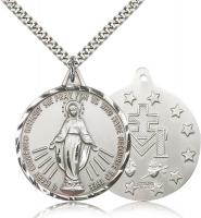 Sterling Silver Miraculous Pendant, Stainless Silver Heavy Curb Chain, 1 3/8" x 1 1/4"