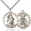 Sterling Silver St. Christopher Air Force Pendant, Stainless Silver Heavy Curb Chain, 1 3/8" x 1 1/4"