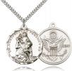 Sterling Silver St. Christopher Army Pendant, Stainless Silver Heavy Curb Chain, 1 3/8" x 1 1/4"