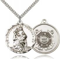 Sterling Silver St. Christopher Coast Guard Pendant, Stainless Silver Heavy Curb Chain, 1 3/8" x 1 1/4"