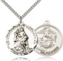 Sterling Silver St. Christopher Marine Pendant, Stainless Silver Heavy Curb Chain, 1 3/8" x 1 1/4"