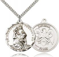Sterling Silver St. Christopher National Guard Pendant, Stainless Silver Heavy Curb Chain, 1 3/8" x 1 1/4"