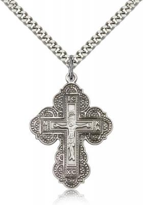 Sterling Silver Irene Cross Pendant, Stainless Silver Heavy Curb Chain, 1 1/4" x 7/8"