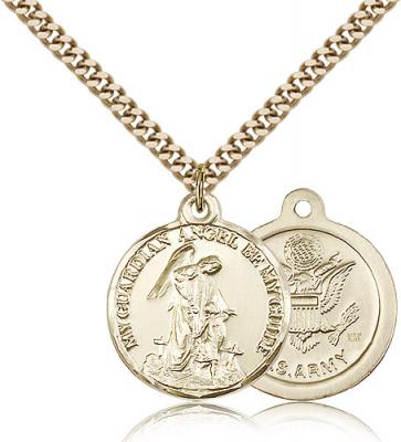 Gold Filled Guardain Angel / Army Pendant, Stainless Gold Heavy Curb Chain, 7/8" x 3/4"