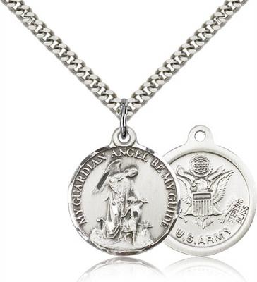 Sterling Silver Guardain Angel / Army Pendant, Stainless Silver Heavy Curb Chain, 7/8" x 3/4"