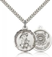 Sterling Silver Guardian Angel Coast Guard Pendant, Stainless Silver Heavy Curb Chain, 7/8" x 3/4"