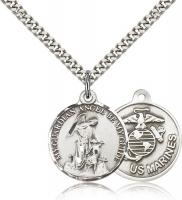 Sterling Silver Guardian Angel / Marines Pendant, Stainless Silver Heavy Curb Chain, 7/8" x 3/4"