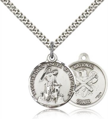 Sterling Silver Guardian Angel  National Guard Pendant, Stainless Silver Heavy Curb Chain, 7/8" x 3/4"