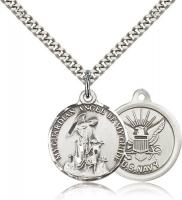 Sterling Silver Guardian Angel  Navy Pendant, Stainless Silver Heavy Curb Chain, 7/8" x 3/4"