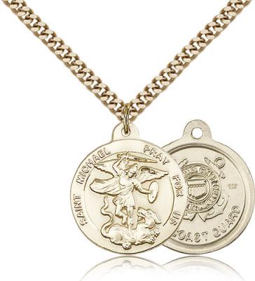 Gold Filled St. Michael the Archangel Coast Guard  Pendant, Stainless Gold Heavy Curb Chain, 7/8" x 3/4"