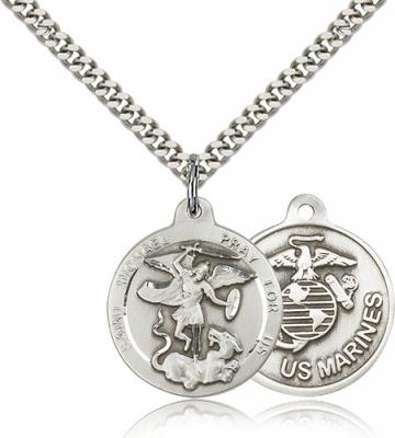 Sterling Silver St. Michael the Archangel Pendant, Stainless Silver Heavy Curb Chain, 7/8" x 3/4"
