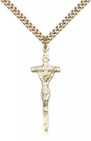Gold Filled Papal Crucifix Pendant, Stainless Gold Heavy Curb Chain, 1 3/8" x 1/2"