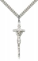 Sterling Silver Papal Crucifix Pendant, Stainless Silver Heavy Curb Chain, 1 3/8" x 1/2"