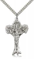 Sterling Silver Tree of Life Crucifix Pendant, Stainless Silver Heavy Curb Chain, 1 5/8" x 1"