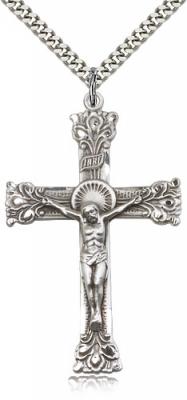 Sterling Silver Crucifix Pendant, Stainless Silver Heavy Curb Chain, 2" x 1 1/4"