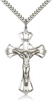 Sterling Silver Crucifix Pendant, Stainless Silver Heavy Curb Chain, 1 3/4" x 1 1/8"