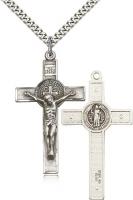 Sterling Silver St. Benedict Crucifix Pendant, Stainless Silver Heavy Curb Chain, 1 3/4" x 1"