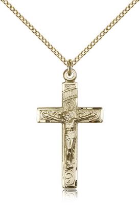 Gold Filled Crucifix Pendant, Gold Filled Lite Curb Chain, 1 1/4" x 3/4"