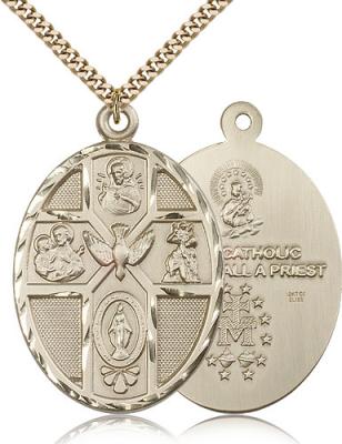 Gold Filled 5-Way / Holy Spirit Pendant, Stainless Gold Heavy Curb Chain, 1 7/8" x 1 1/4"