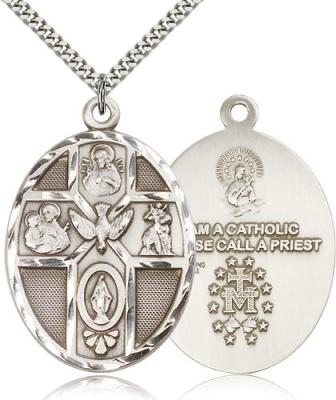 Sterling Silver 5-Way / Holy Spirit Pendant, Stainless Silver Heavy Curb Chain, 1 7/8" x 1 1/4"
