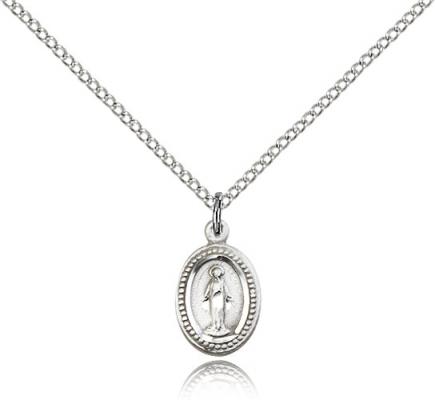 Sterling Silver Miraculous Pendant, Sterling Silver Lite Curb Chain, 1/2" x 1/4"