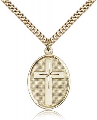 Gold Filled Cross Pendant, Stainless Gold Heavy Curb Chain, 1 1/8" x 3/4"