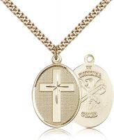 Gold Filled Cross / National Guard Pendant, Stainless Gold Heavy Curb Chain, 1 1/8" x 3/4"