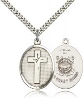 Sterling Silver Cross / Coast Guard Pendant, Stainless Silver Heavy Curb Chain, 1" x 3/4"