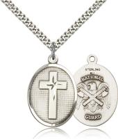 Sterling Silver Cross / National Guard Pendant, Stainless Silver Heavy Curb Chain, 1" x 3/4"