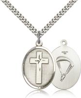 Sterling Silver Cross / Paratrooper Pendant, Stainless Silver Heavy Curb Chain, 1" x 3/4"