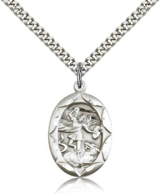 Sterling Silver St. Michael the Archangel Pendant, Stainless Silver Heavy Curb Chain, 1" x 5/8"