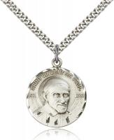 Sterling Silver St. Vincent De Paul Pendant, Stainless Silver Heavy Curb Chain, 1" x 7/8"