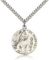 Sterling Silver St. Barbara Pendant, Stainless Silver Heavy Curb Chain, 1" x 7/8"