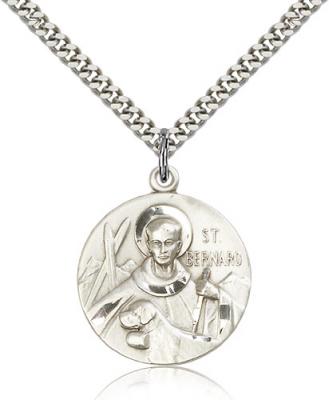 Sterling Silver St. Bernard of Clairvaux Pendant, Stainless Silver Heavy Curb Chain, 1" x 7/8"
