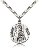 Sterling Silver St. Rita of Cascia Pendant, Stainless Silver Heavy Curb Chain, 1" x 7/8"